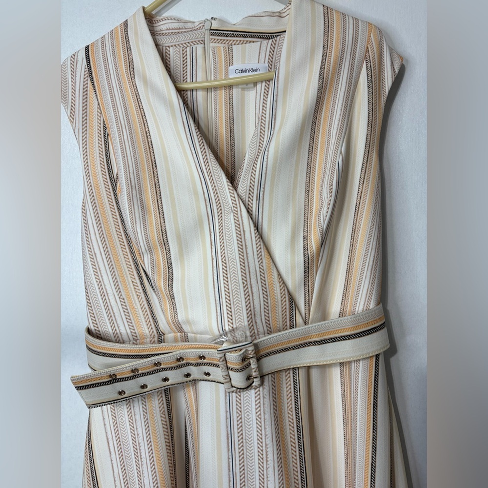 Calvin Klein Cream Sleeveless V-Neck Striped Midi Dress - Picture 7 of 9